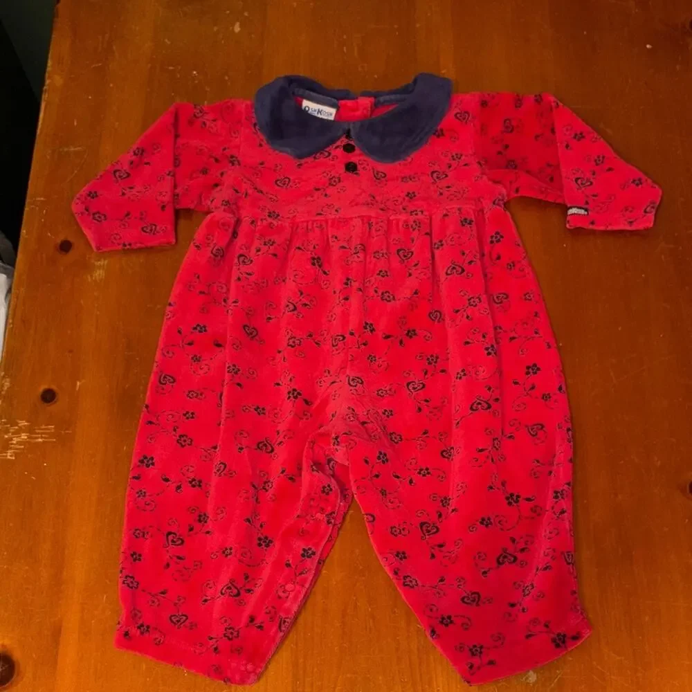 Baby Girl Clothes Vintage Oshkosh 24 Month Red & Blue Ivy Velour Outfit